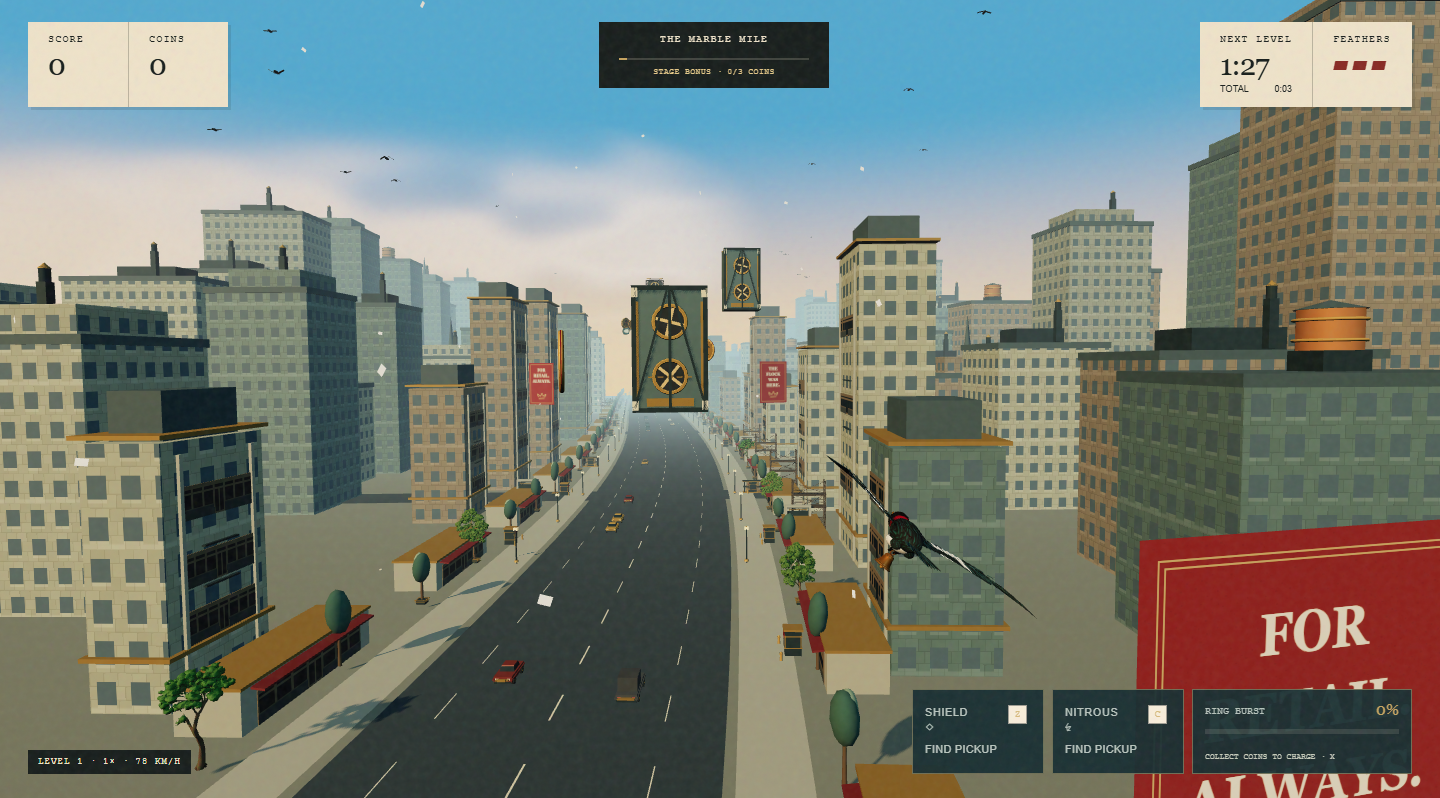 V14 gameplay captured locally on 27 September 2026: Jack banks right alongside a red For retail always banner; the camera reveals the avenue from the side.