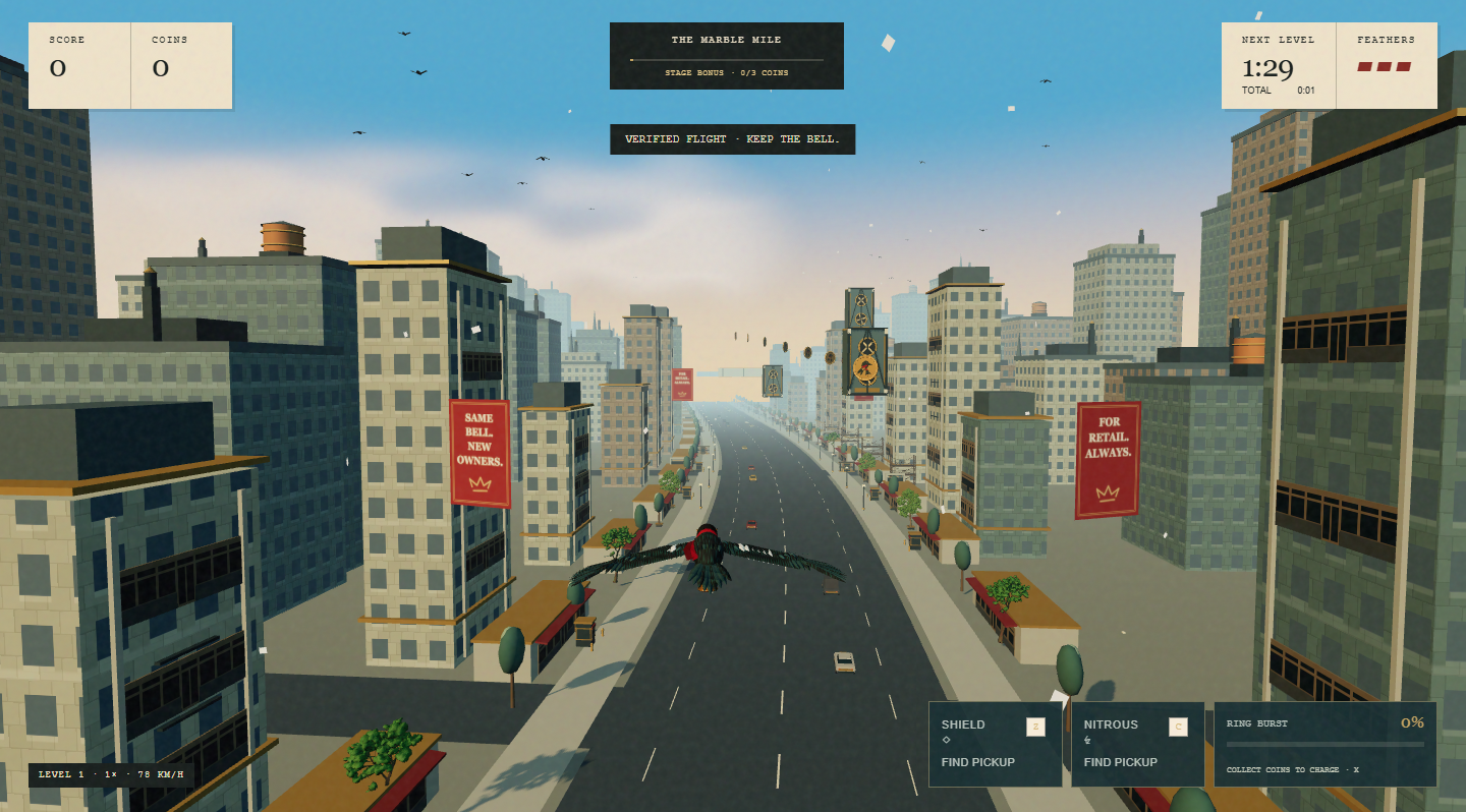 V14 gameplay captured locally on 27 September 2026: Jack flies above the Marble Mile avenue with the three-feather HUD, coin trail and turbine obstacles ahead.