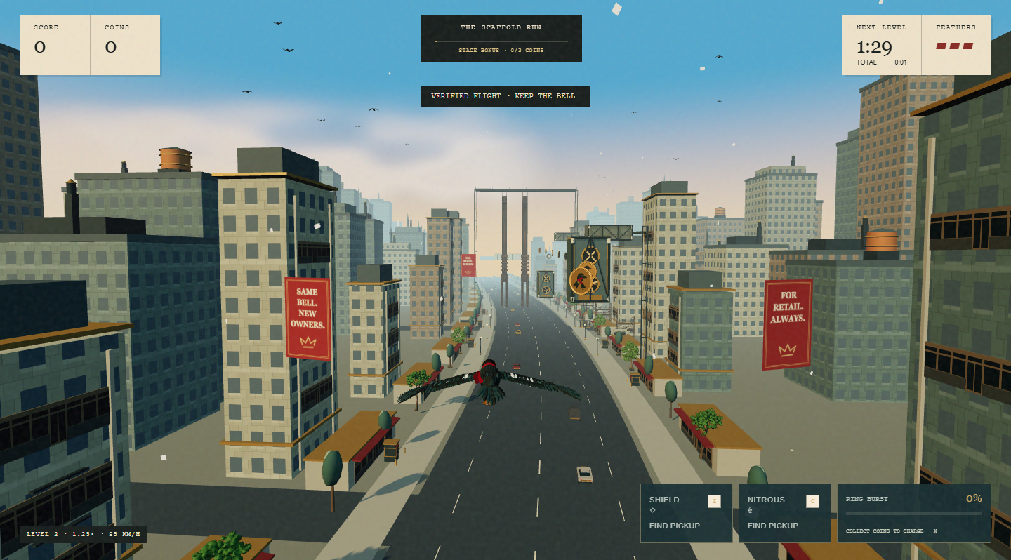 V14 gameplay captured locally on 27 September 2026: a bridge spans the Scaffold Run avenue behind turbine structures, with Jack approaching from below.