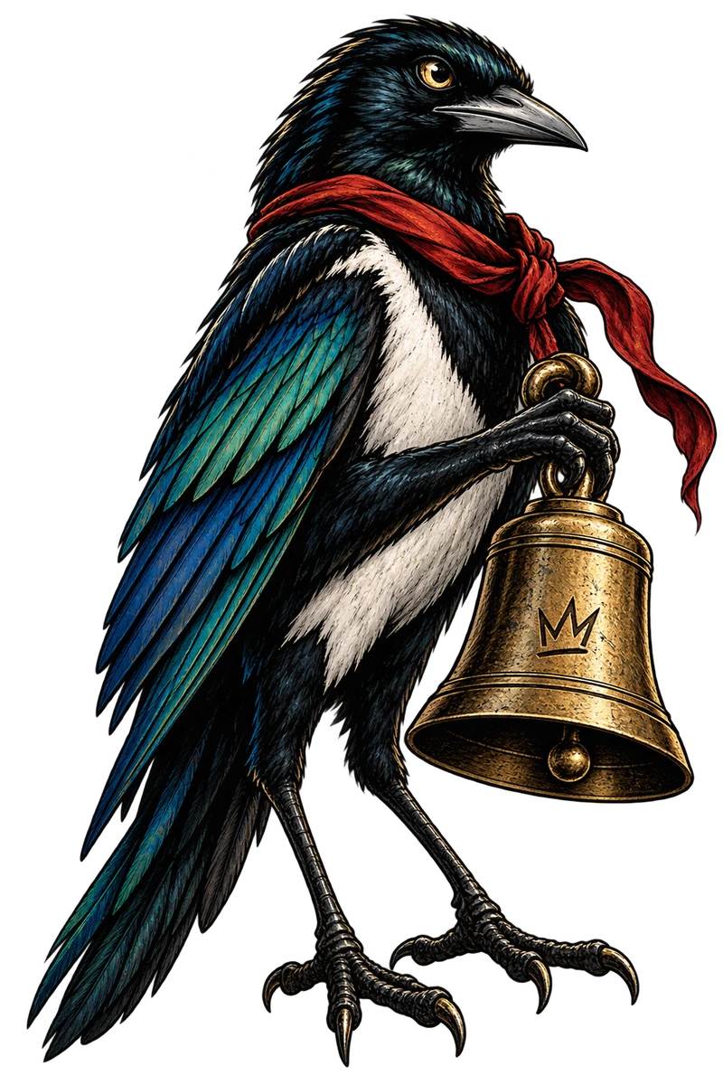 Jack, an adult magpie with petrol-blue feathers, an amber eye and an oxblood scarf, gripping the stolen brass opening bell. His full silhouette is visible.