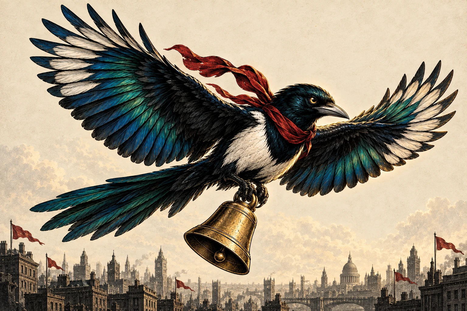 Illustration of Jack flying over a dense old financial district, full wings spread, carrying the brass bell beneath him.